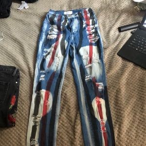 Black/white/red stripes distress jeans